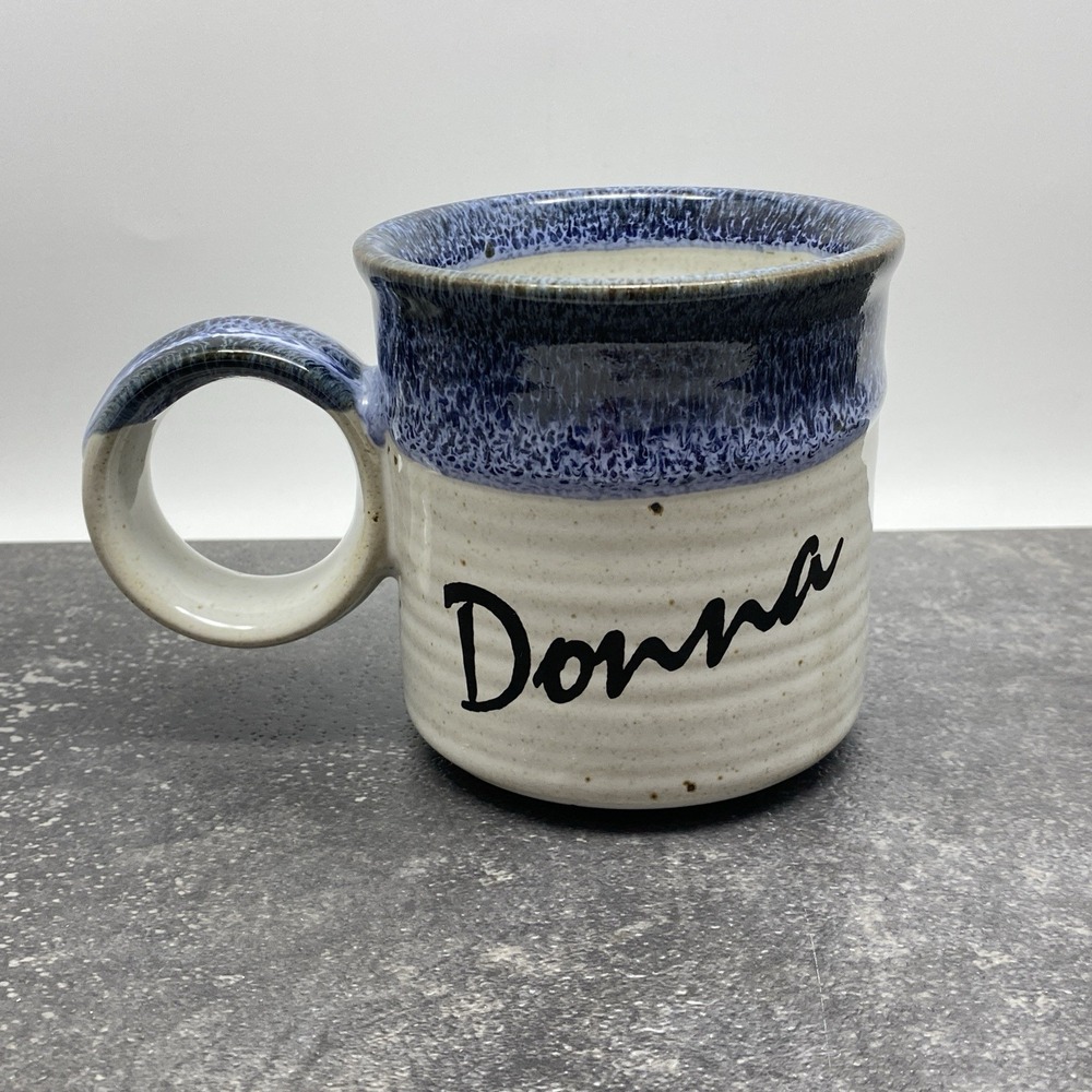 Vintage 80's Clay in Mind DONNA Blue Glaze Speckled Ceramic 10 oz Coffee Mug Cup